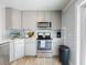 Charming kitchen featuring gray cabinets, stainless steel appliances, and stylish backsplash at 16 Hillside Dr, New Smyrna Beach, FL 32169