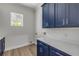 This laundry room boasts stylish blue cabinets, a white countertop, and wood flooring at 212 Due East St, New Smyrna Beach, FL 32169
