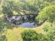 Aerial shot of a tranquil pond surrounded by lush greenery, offering a serene natural setting at 416 Western Rd, New Smyrna Beach, FL 32168