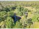 Scenic aerial shot capturing the pond, residence, and surrounding dense canopy of mature trees at 416 Western Rd, New Smyrna Beach, FL 32168