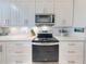 Close-up of modern kitchen appliances and white cabinets with a decorative backsplash at 438 Bouchelle Dr # 104, New Smyrna Beach, FL 32169