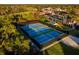 Aerial view of well-maintained tennis courts amidst a backdrop of lush greenery and mature trees at 481 Sweet Bay Ave, New Smyrna Beach, FL 32168