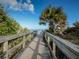 Wooden boardwalk to beach with palm tree and vegetation with beach in the background at 5300 S Atlantic Ave # 14-202, New Smyrna Beach, FL 32169