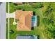 Aerial view showcasing a home with an outdoor pool and screened-in lanai on a large green lot at 6436 Longlake Dr, Port Orange, FL 32128