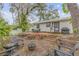Private backyard with a fire pit, cozy seating and mature landscaping, ideal for outdoor gatherings at 801 Canal St, New Smyrna Beach, FL 32168
