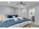 Comfortable bedroom with white furniture, blue accents, and an ensuite bathroom at 801 Canal St, New Smyrna Beach, FL 32168