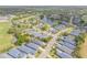 An aerial view highlights homes near a pond with a fountain in a well-maintained community at 1100 Loch Linnhe Ct, New Smyrna Beach, FL 32168