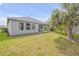 This backyard features well-maintained green grass and a palm tree to provide shade at 1100 Loch Linnhe Ct, New Smyrna Beach, FL 32168
