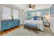 Comfortable bedroom with a ceiling fan, a blue accent wall, and light-colored walls at 913 Palmetto St, New Smyrna Beach, FL 32168