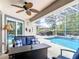 Inviting pool area with comfortable patio furniture, lush landscaping, and a screened enclosure at 1156 Rivercrest Ct, Port Orange, FL 32128