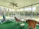 Screened-in porch with green turf, ceiling fan, and water view at 116 Duck Hawk Cir # 3040, Daytona Beach, FL 32119