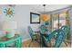 Dining room with a glass table, turquoise chairs, and tropical-themed decor at 13 Essex Dr, Ormond Beach, FL 32176