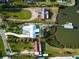 An aerial view highlighting the property's layout, pool, and waterfront access with a private dock at 1601 S Riverside Dr, Edgewater, FL 32132