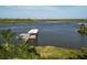 Waterfront view features a dock, boat cover and tranquil water views with city skyline at 1601 S Riverside Dr, Edgewater, FL 32132