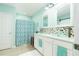 Bright bathroom with dual glass bowl sinks, decorative tile backsplash, and a white vanity at 1748 Savannah Ln, Port Orange, FL 32128
