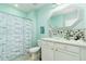 Bright bathroom featuring a glass bowl sink, modern fixtures, and turquoise walls at 1748 Savannah Ln, Port Orange, FL 32128