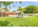 Expansive backyard showcasing a pool, patio, lush lawn, mature trees, and tasteful landscaping for outdoor enjoyment at 2548 E Compton St, Orlando, FL 32806