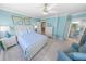 Bedroom with blue accents, seating area, and access to a well-appointed bathroom at 3311 S Atlantic Ave # 801, Daytona Beach, FL 32118