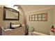 Cozy bathroom with a modern bowl sink and black framed mirror at 508 Faulkner St, New Smyrna Beach, FL 32168