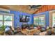 Relaxing living area with vaulted ceiling, brick floors, and large TV for entertainment at 508 Faulkner St, New Smyrna Beach, FL 32168