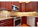 Close-up of a kitchen with stainless steel oven and microwave, stone backsplash, and wood floors at 682 Ferncliff Dr, Port Orange, FL 32127