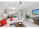 Open floor plan combines the living room, dining area, and a modern kitchen with light gray walls and modern decor at 7 Riverwalk Dr # 205, New Smyrna Beach, FL 32169