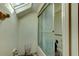 Bright bathroom with skylight and glass shower door, showcasing natural light at 706 S Timberlane Dr, New Smyrna Beach, FL 32168