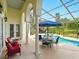Covered patio overlooking a sparkling pool and outdoor dining area at 128 Godfrey Rd, Edgewater, FL 32141