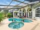 Beautifully designed pool with spa and elegant outdoor seating area under a screen enclosure at 128 Godfrey Rd, Edgewater, FL 32141