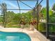 Screened-in pool area showcasing the pool's edge and the surrounding tropical landscaping at 128 Godfrey Rd, Edgewater, FL 32141