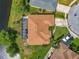 An aerial view of a house with a brown roof, screened-in lanai, and a well-manicured green yard at 1840 Tara Marie Ln, Port Orange, FL 32128