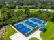 Aerial view of the community's three blue pickleball courts with a shelter and landscaping near the golf course at 257 Sweet Bay Dr, New Smyrna Beach, FL 32168
