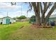 Large grass backyard features a storage shed and a mature tree with a swing at 2726 Victory Palm Dr, Edgewater, FL 32141