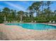 Inviting community pool surrounded by lush landscaping, palm trees, and plenty of seating at 567 Mount Olympus Blvd, New Smyrna Beach, FL 32168