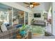 Cozy screened lanai features comfortable seating, a TV, and view of pool, perfect for relaxing and entertaining at 6088 Sabal Hammock Cir, Port Orange, FL 32128
