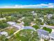 Aerial view of a charming neighborhood and shows the manicured lawns and a screened in pool at 805 E 15Th Ave, New Smyrna Beach, FL 32169