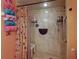 Updated shower featuring a built-in seat, grab bar, and decorative curtain at 108 Dee St, New Smyrna Beach, FL 32168