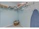 Neutral walk-in closet with ample shelving and a basket for storage at 1905 S Riverside Dr, Edgewater, FL 32141