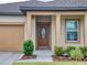 Close-up of the front entrance with a decorative glass door, complemented by neat landscaping and a two-car garage at 534 Stowers Dr, New Smyrna Beach, FL 32168