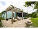 Inviting back patio featuring a pergola, comfortable seating, brick pavers, and a charming fire pit, perfect for outdoor relaxation at 1327 Wayne Ave, New Smyrna Beach, FL 32168