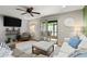 Cozy living room with neutral tones, plush seating, ceiling fan and sliding glass doors that leads to the patio at 140 Limewood Pl # C, Ormond Beach, FL 32174