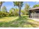 Spacious backyard with lush green grass, mature trees, and a storage shed at 200 W Washington Ave, Deland, FL 32720