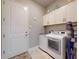 Functional laundry room with modern washer and dryer, ample storage cabinets, and convenient access to the exterior at 6307 Hanfield Dr, Port Orange, FL 32128