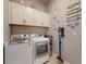Functional laundry room with modern washer and dryer, ample storage cabinets, and convenient access to the exterior at 6307 Hanfield Dr, Port Orange, FL 32128