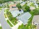 Aerial view of the house showing the landscaped backyard, the screened in lanai and a glimpse of the neighborhood at 1221 Siesta Key Cir, Port Orange, FL 32128