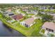 An elevated aerial view of a suburban neighborhood featuring single-Gathering homes on waterfront and tree lined streets at 1809 Forough Cir, Port Orange, FL 32128