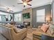 Comfortable living room with a stone fireplace, ceiling fans, and lots of natural light at 19 Abacus Ave, Ormond Beach, FL 32174