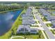 Breathtaking aerial of a lakeside community, featuring houses with solar panels and beautiful streetscapes at 3027 Portofino Blvd, New Smyrna Beach, FL 32168
