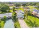 An aerial view showcases the neighborhood, and charming home with mature trees at 805 Spruce St, New Smyrna Beach, FL 32168