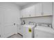 Clean, bright laundry room with white cabinets, sink, washer, and dryer at 2324 Orange Tree Dr, Edgewater, FL 32141